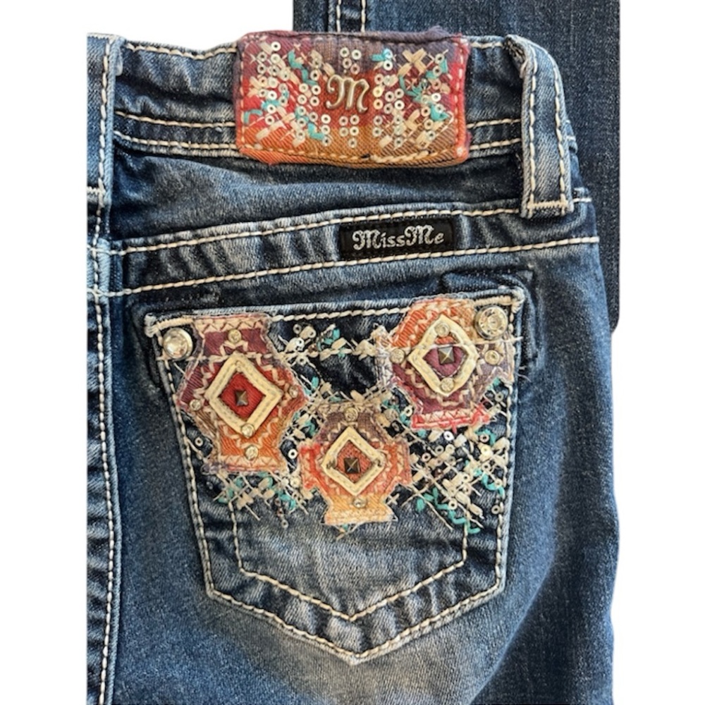 Miss Me Girls Embroidered Blue Denim Jeans with Multicolor Accents